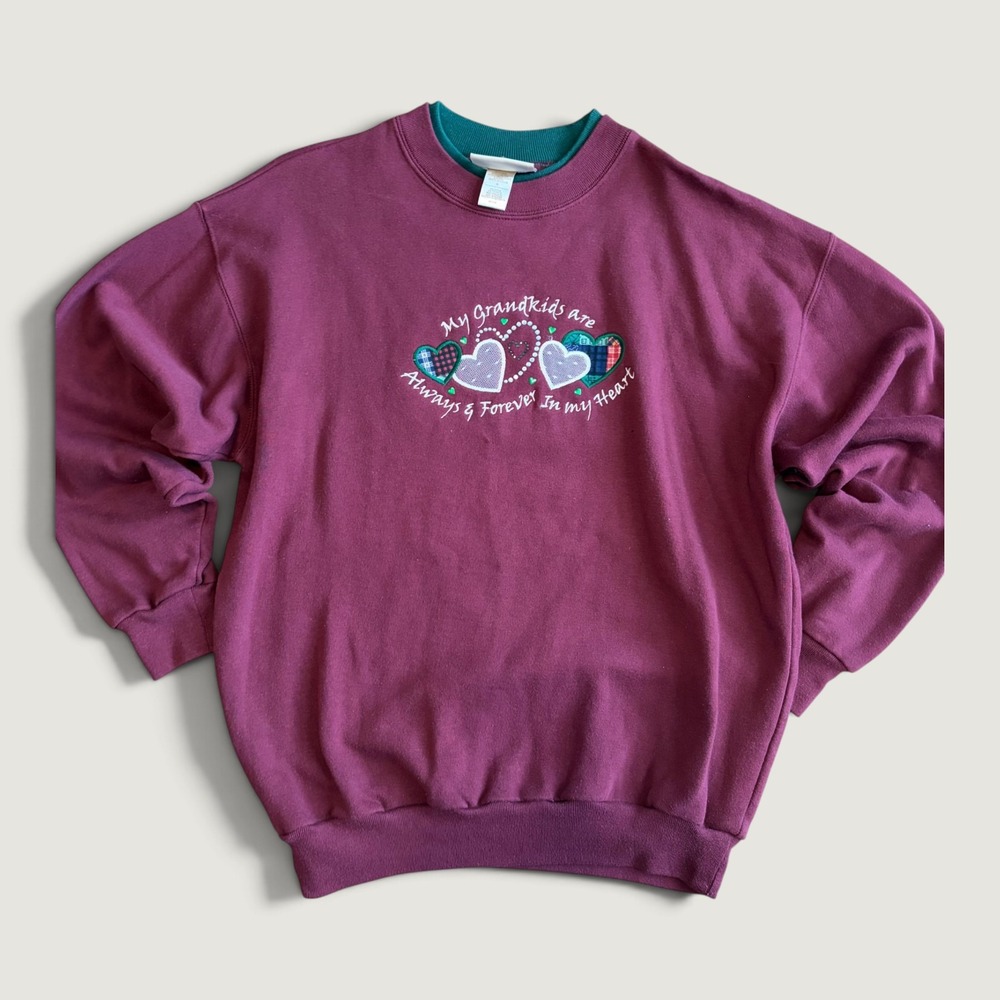 Medium VTG Grannycore Crewneck Grandkids Heart Embroidered Burgundy Sweatshirt